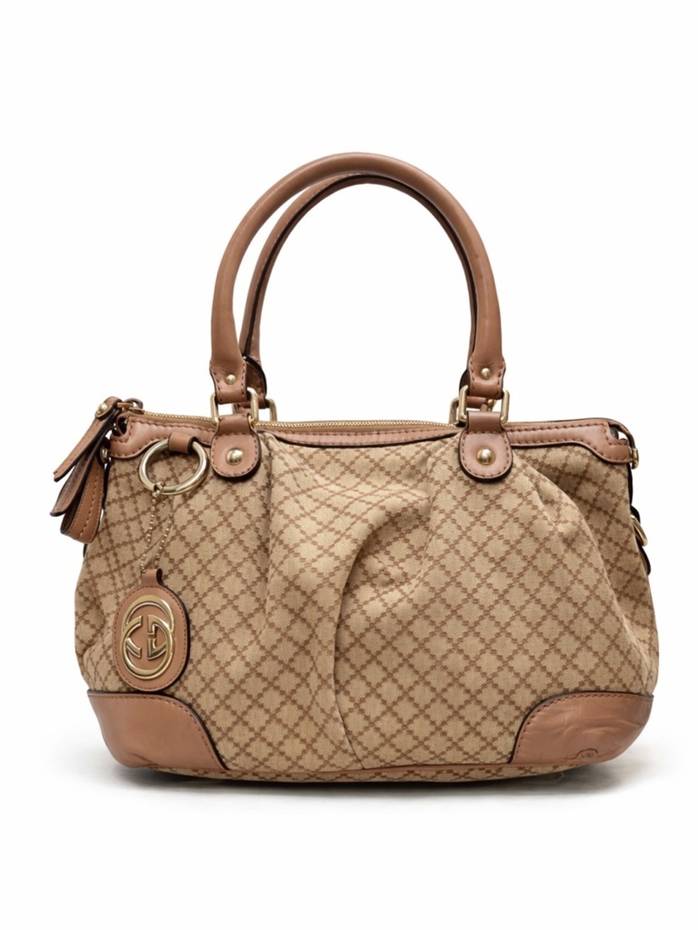 Gucci Beige Canvas Satchel Leather Trim Handbag